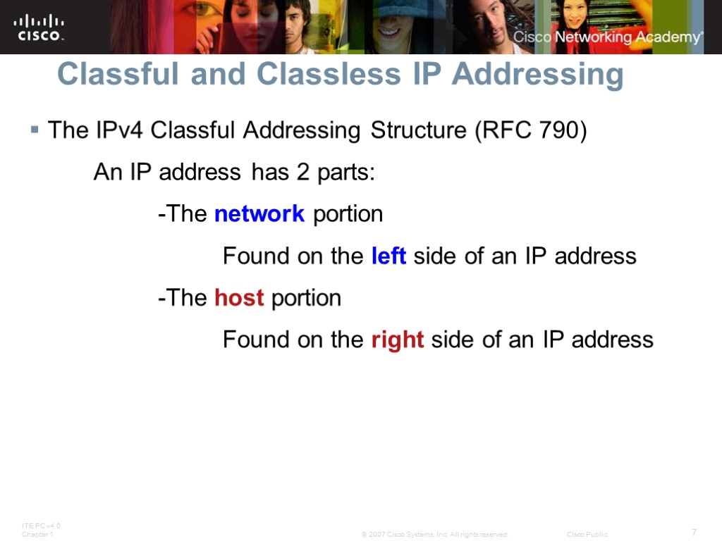 Classful and Classless IP Addressing The IPv4 Classful Addressing Structure (RFC 790) An IP